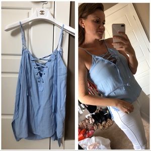 Haute Moda blue tank cami blouse tie up